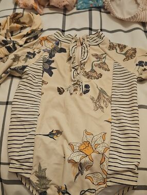 Jessica Simpson Cream Floral & Navy-Striped Long Sleeve Bodysuit